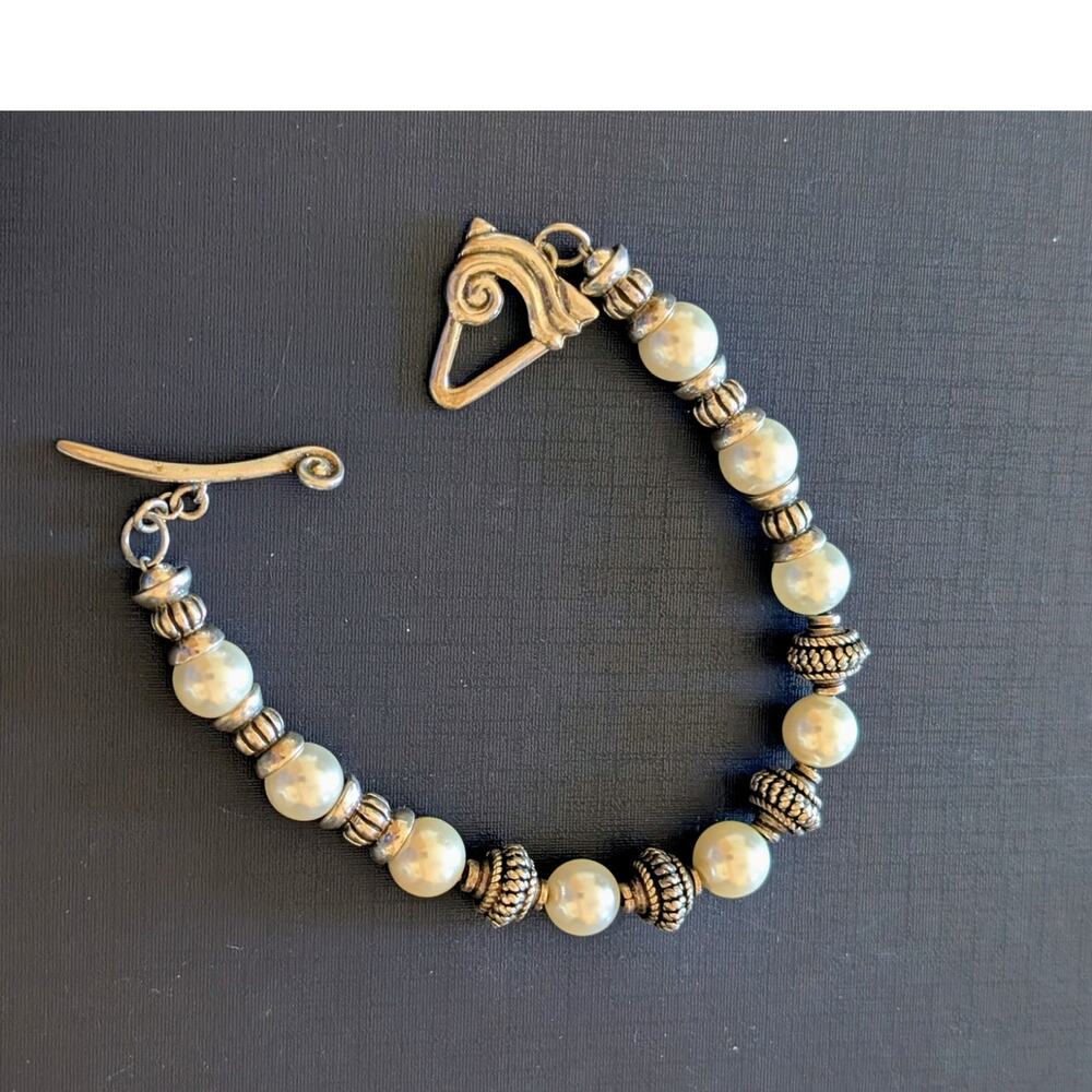 925 Sterling Silver Glass Faux Pearl Bead Fancy Toggle Clasp  7.5" Bracelet